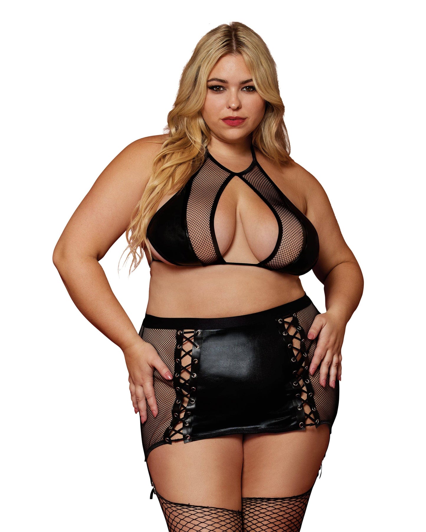 Faux Leather Bralette & Garter Skirt Set (Queen Size)
